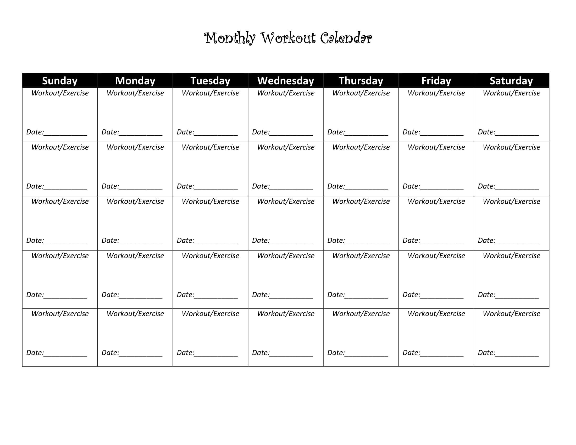 Blank exercise calendar you can download in pdf format. 