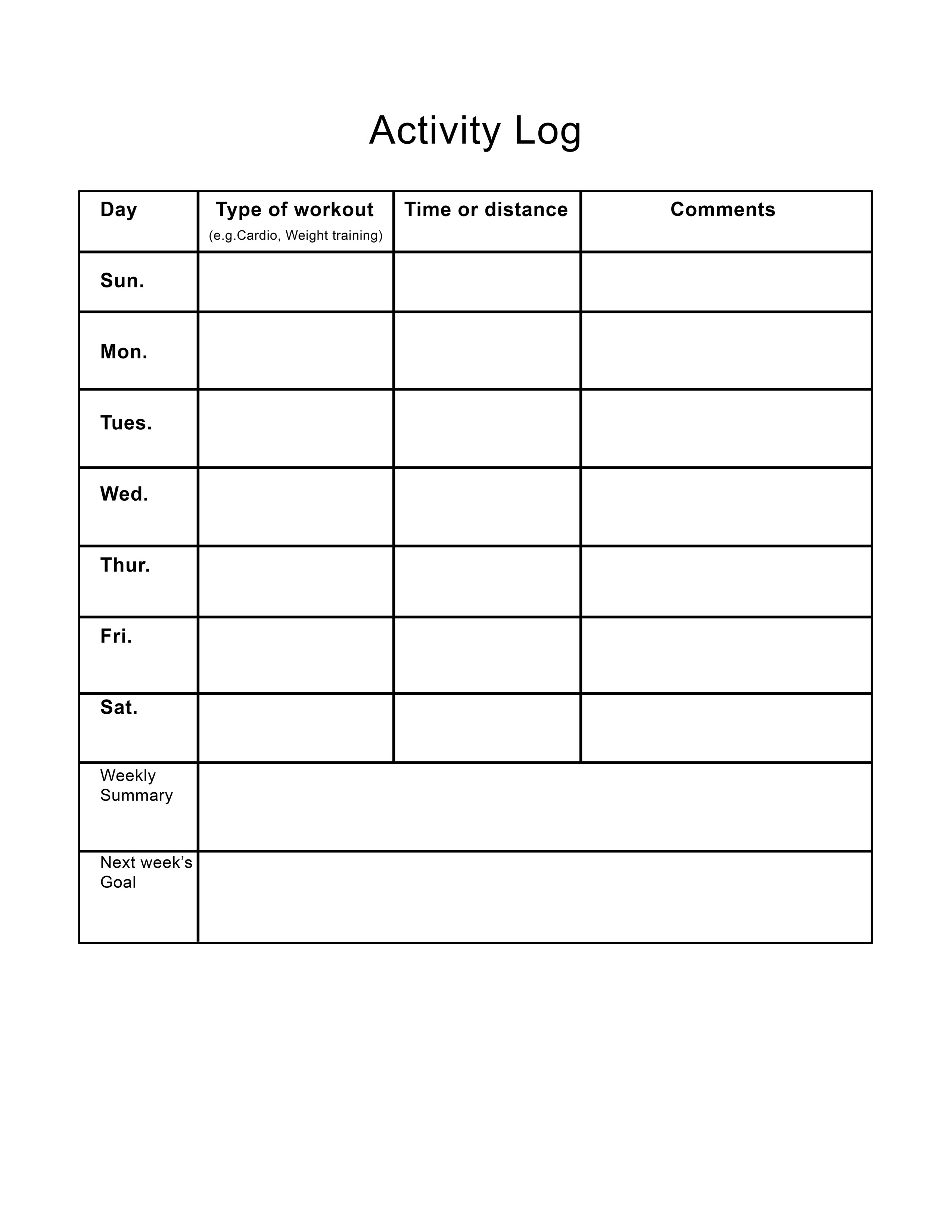 Printable exercise activity log sheet up to 11 by 8.5 inches.