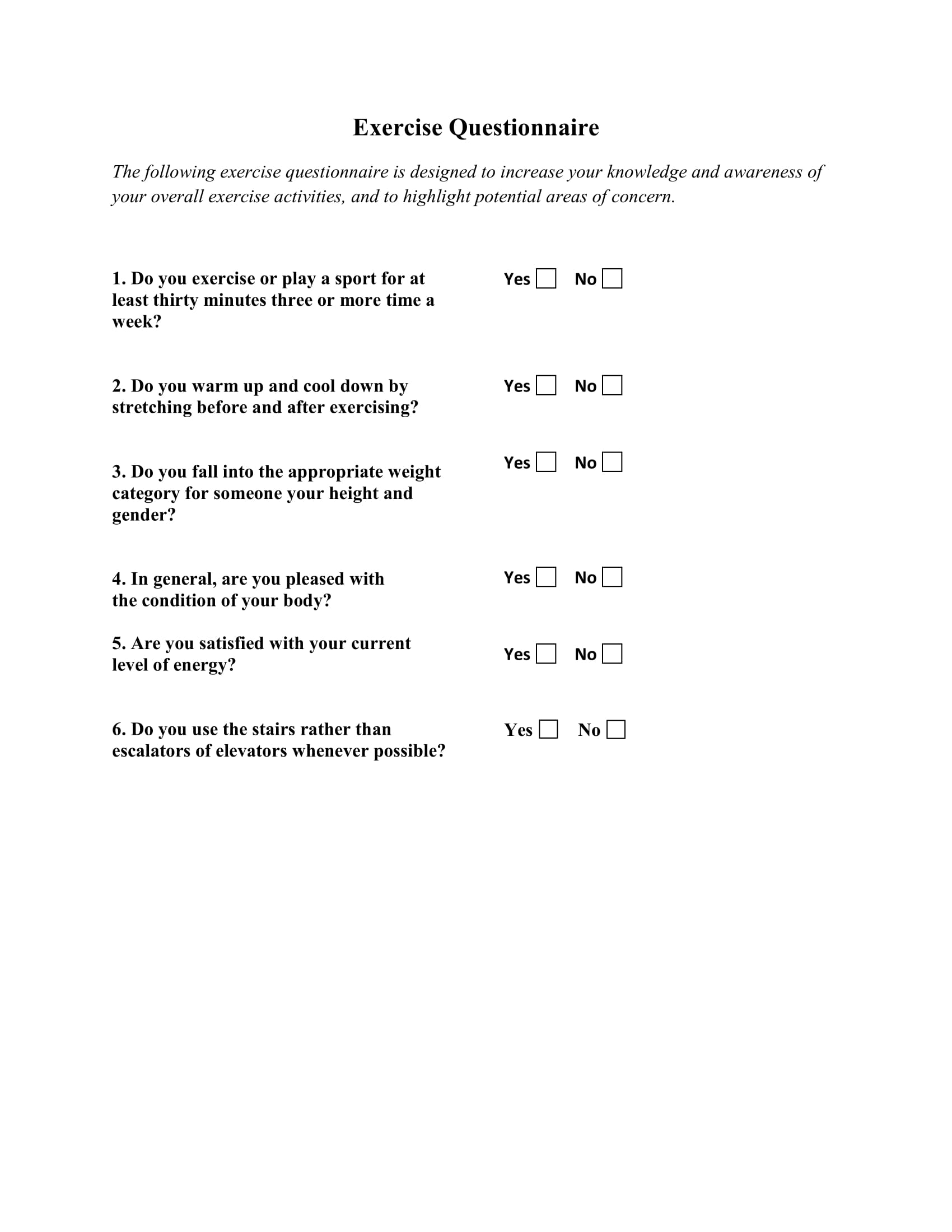 Exercise Questionnaire Form