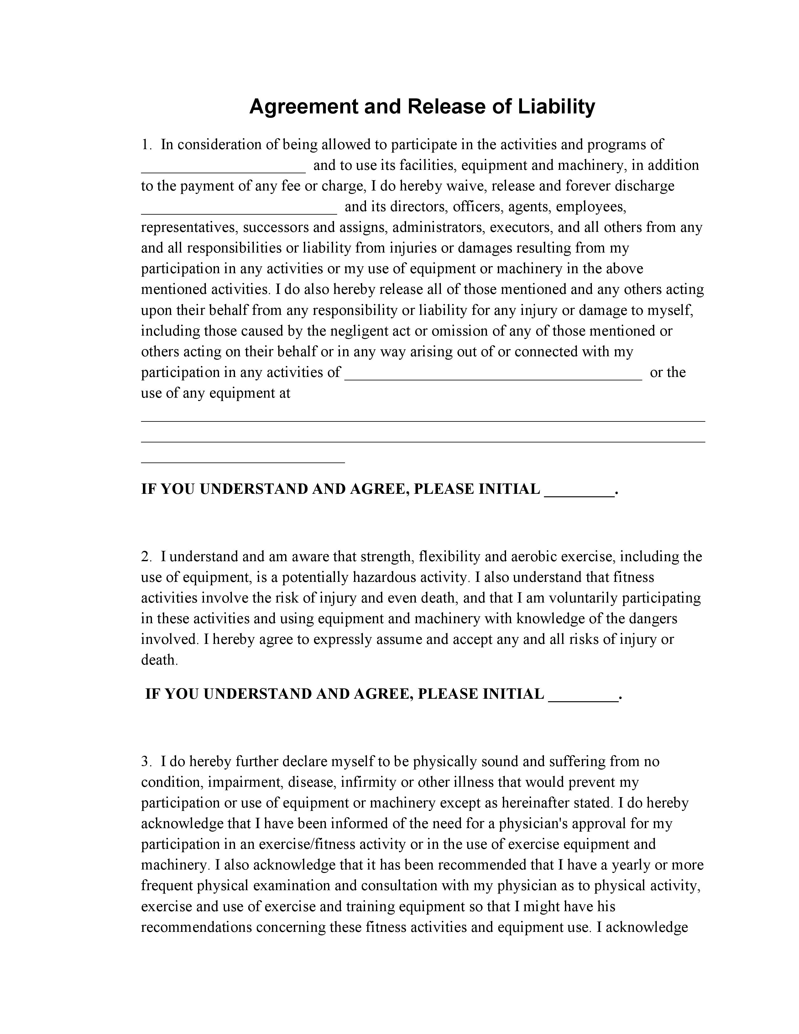 Printable exercise release form in pdf or word format.