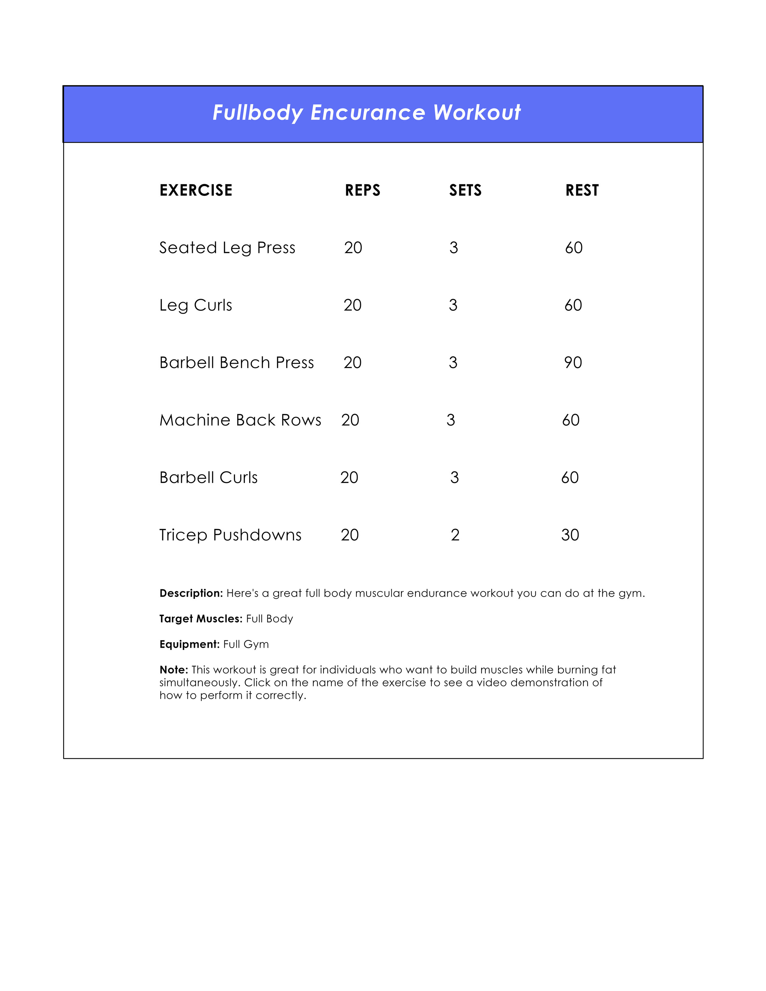 Fullbody endurance workout you can download and print.