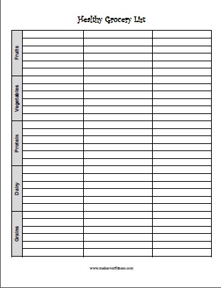 Printable grocery list with pyramid guide categories.