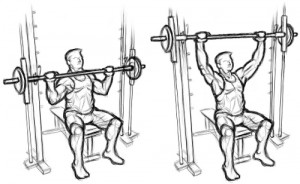 Illustration of shoulder exercise using a smith machine.