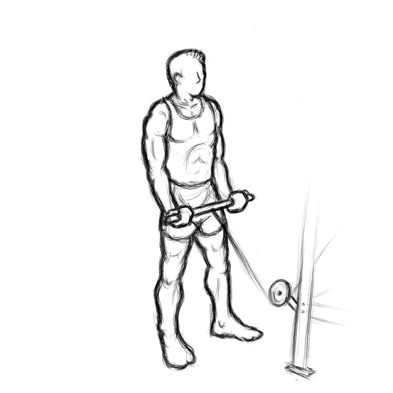 Illustation of man doing bicep curls using a cable pulley.