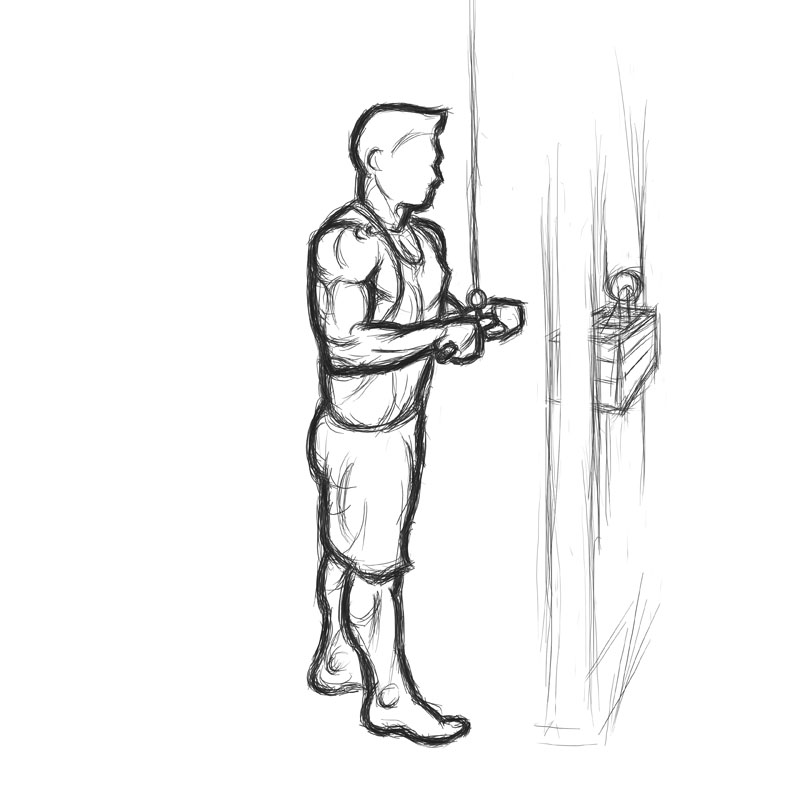 Illustration of man doing cable tricep pushdown from starting position.
