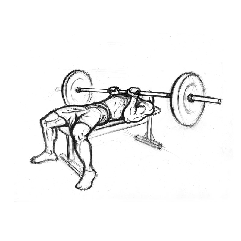 Illustation of man doing close grip bench press using a barbell.