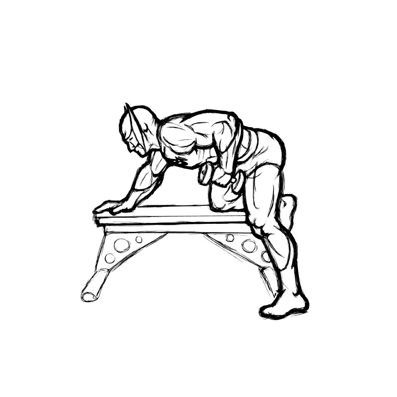 Illustration of one arm bent over row with dumbbell.