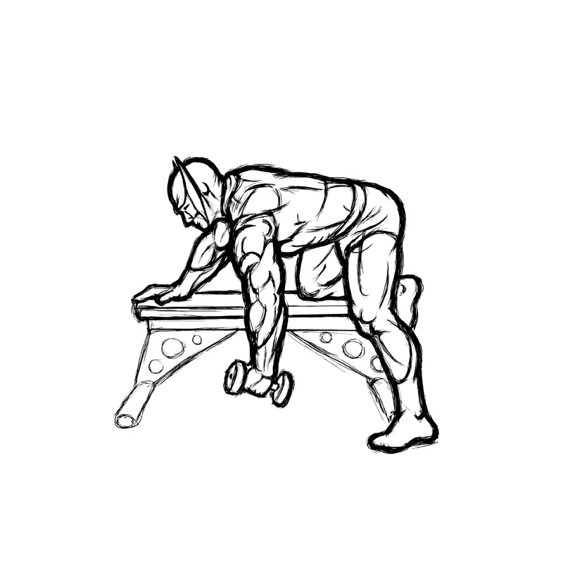Illustration of one arm bent over rows with a dumbbell.