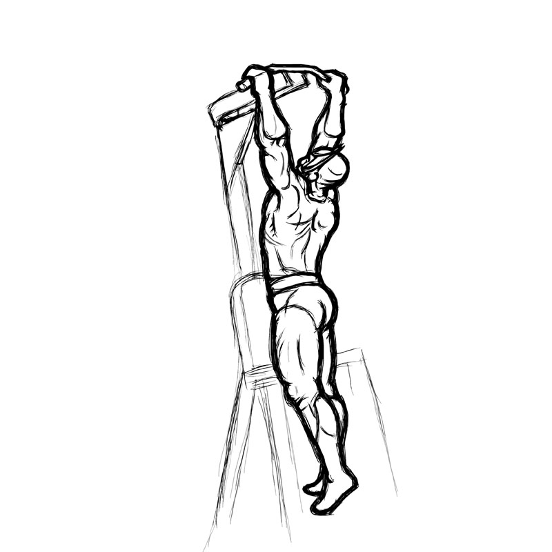 Illustration of a wide grip pull up from the starting position. 